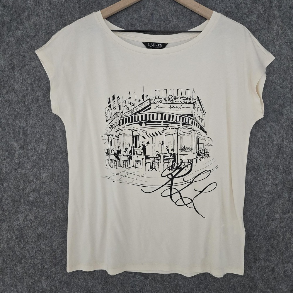 Lauren Ralph Lauren Shirt Womens PL Petite White Paris Cafe Graphic Cap Sleeve